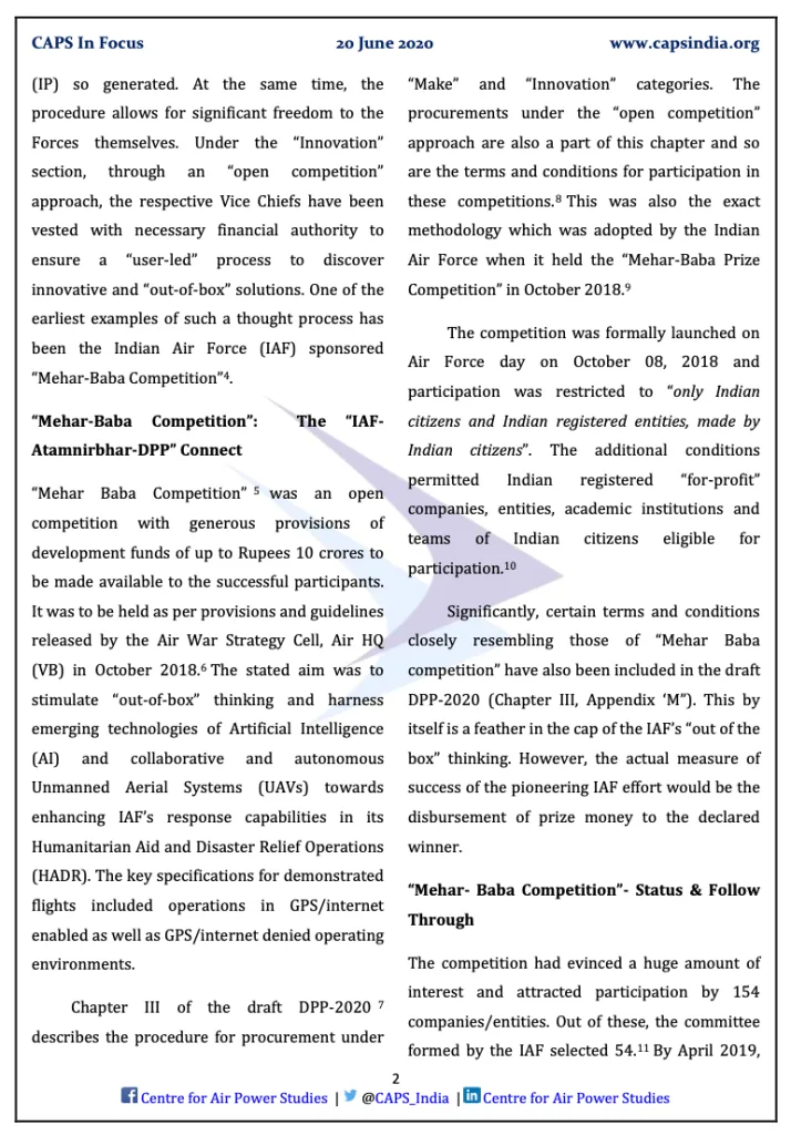 Second page of the CAPS In Focus paper on the Atmanirbhar clarion call, describing the IAF-sponsored Mehar Baba Competition and its link to the draft DPP-2020