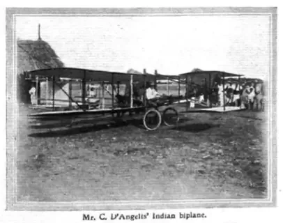 Archival photograph captioned "Mr C. D'Angelis' Indian biplane", an early homemade biplane with onlookers gathered around it