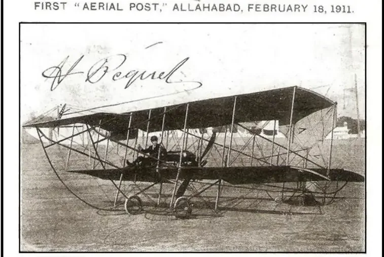 Archival photograph captioned "First Aerial Post, Allahabad, February 18, 1911", showing the biplane used for India's first aerial postal flight with the pilot's signature