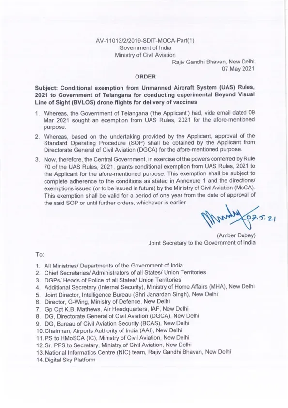 Ministry of Civil Aviation order dated 7 May 2021 granting the Government of Telangana conditional exemption from UAS Rules 2021 to conduct experimental BVLOS drone flights for vaccine delivery
