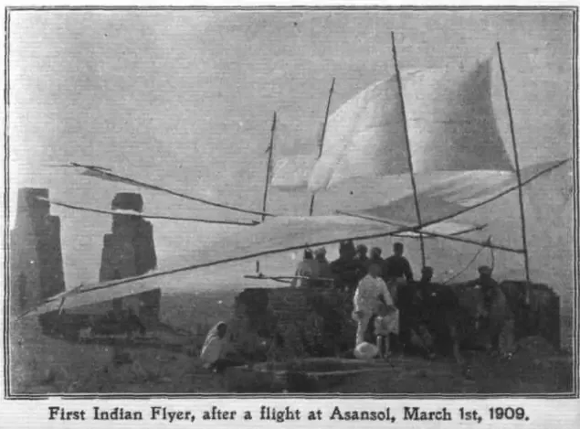 Archival photograph captioned "First Indian Flyer, after a flight at Asansol, March 1st, 1909", showing an early glider-like aircraft surrounded by onlookers