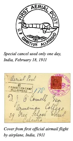Philatelic special cancellation mark and cover from India's first official airmail flight by aeroplane at the 1911 United Provinces Exhibition, Allahabad