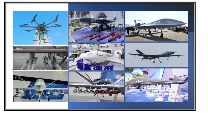 Collage of Chinese military drones exhibited at Zhuhai Airshow 2022, including a hexacopter with missiles and several fixed-wing UCAVs