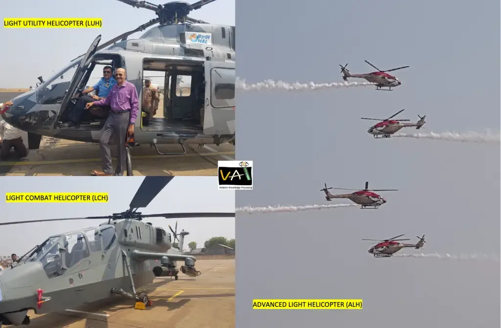 Composite photo of HAL's indigenous helicopters labelled Light Utility Helicopter (LUH), Light Combat Helicopter (LCH) and Advanced Light Helicopter (ALH) formation flying with smoke trails