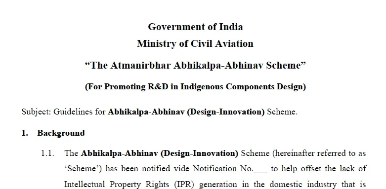 First page of the Government of India Ministry of Civil Aviation document on the Atmanirbhar Abhikalpa-Abhinav Scheme for promoting R&D in indigenous components design